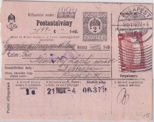 Ungarn - 2 f. Ganzsache/Postanweisung + Zusatz Budapest - Debreczen 1921