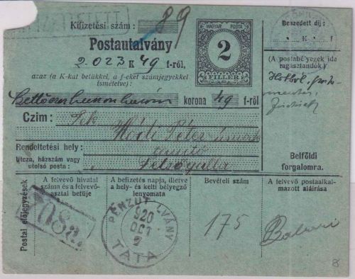 Ungarn - 2 f. Ganzsache/Dienstpostanweisung Tata - Felsögalla 1920
