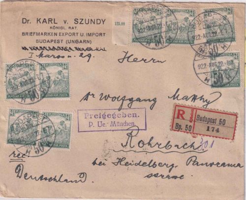 Ungarn - 8x2 1/2 K. Schnitter u.a. Einschreibebrief Budapest - Rohrbach 22.8.22