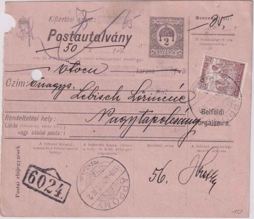 Ungarn/Slowakei - 2 f. Ganzsache/Postanweisung + Zusatz Appony 30.11.18
