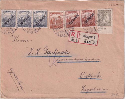 Ungarn - 40 f. Zita u.a. Einschreibebrief n. JUGOSLAWIEN Budapest - Vukovar 1918