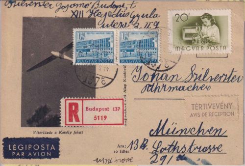Ungarn - 2x1,70 Ft. Bauten u.a. Lupo-Einschreibekarte/Rückschein Budapest 1956