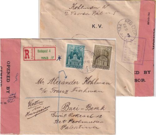 Ungarn - 40+50 f. Kirchen Einschreibebrief n. PALÄSTINA Budapest 10.9.40