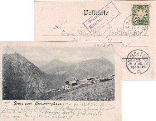 Bayern - Hirschberghaus T. Dorf Kreuth Posthilfstellen-Ra2 Karte n. Egern 1901