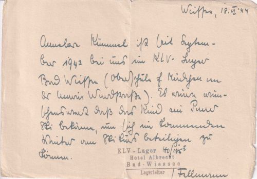 DR - Bad Wiessee KLV-Lager Hotel Albrecht Schreiben d. Lagerleitung 1944