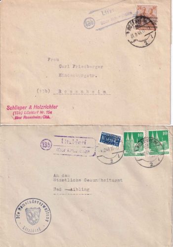 Bizone - (13b) Litzldorf ü. Rosenheim Landpost-Ra2 2 Briefe 21.8./4.12.48