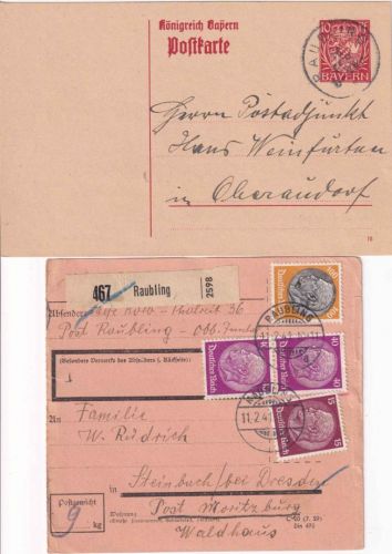 Bayern/DR - Raubling Ganzsachenkarte 1919 + Paketkarte 1941