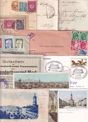 Bayern/DR/BRD - Traunstein 17 Belege(Briefe/Ansichtskarten/Notgeld) ca.1830/1976