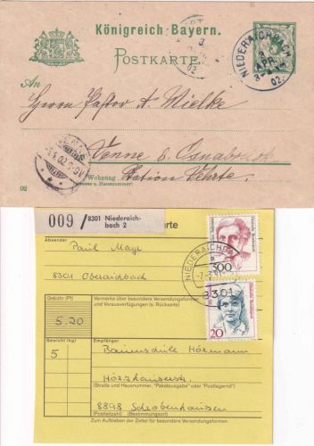 Bayern/BRD - Niederaichbach Ganzsache 1902 + Paketkarte 1991