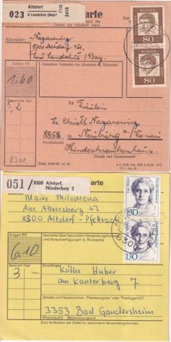 BRD - Altdorf ü. Landshut 2 Paketkarten 1963/1992