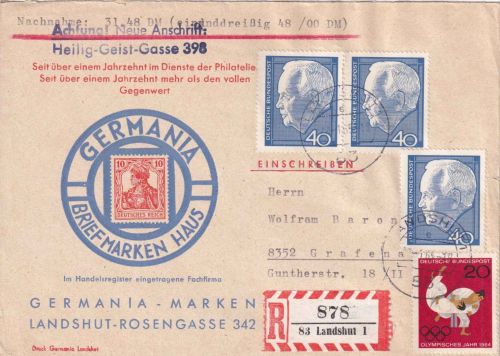 BRD - 3x40 Pfg. Lübcke u.a. illustr. Einschreibebrief Landshut - Grafenau 1965
