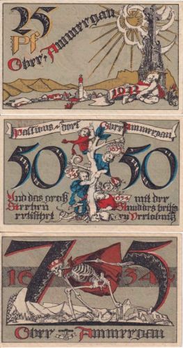 Bayern - Oberammergau 25-50-75 Pfg. 3 Notgeldscheine m. roter Reg.nummer