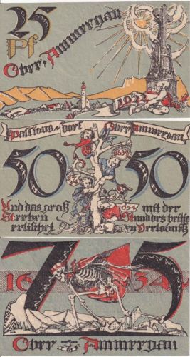 Bayern - Oberammergau 25-50-75 Pfg. 3 Notgeldscheine m. schwarzer Reg.nummer
