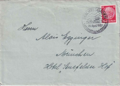 DR - 12 Pfg. Hindenburg Brief SST Berchtesgaden Geburtstag d. Führers 20.4.1937