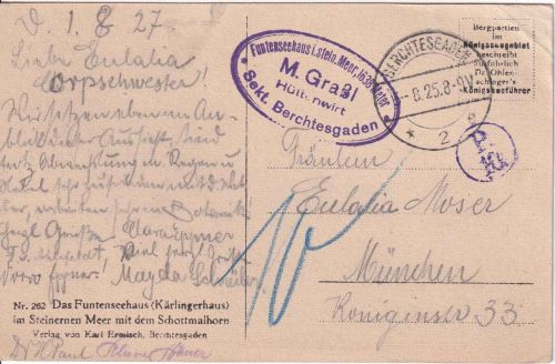 DR - Berchtesgaden 3.8.25 unfrankierte Karte n. München Portokontrolle/Nachporto