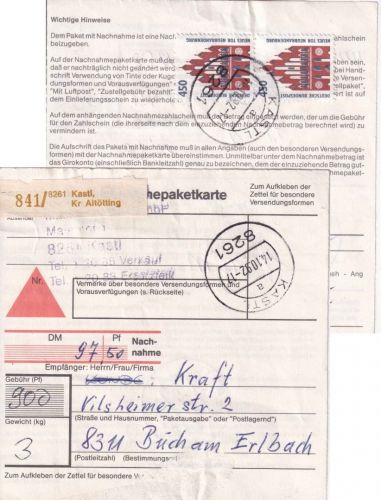 BRD - 2x450 Pfg. B&S Nachnahme-Paketkarte Kastl - Buch/Erlbach 1992