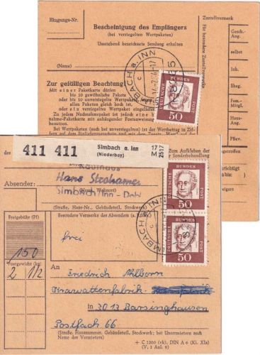 BRD - 3x50 Pfg. Bed. Deutsche Paketkarte Simbach - barsinghausen 1964