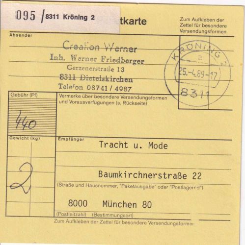BRD - Kröning 2 unfreie Paketkarte n. München (Gebühr 4,40 DM)