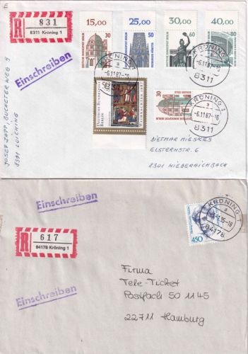 BRD - Kröning 1987/1995 2 Einschreibebriefe alte/neue PLZ n!