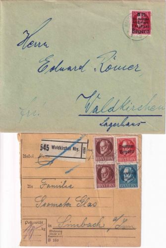 Bayern - Waldkirchen Paketkarte 1919 + Ortsbrief 1920