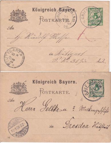 Bayern - Griesbach 1893/98 2 Ganzsachen versch. K1