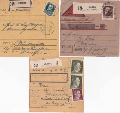 Bayern/DR - Schalding 3 Paketkarten (1x Selbstbucher) 1919/1943