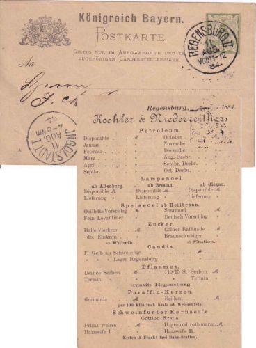 Bayern - 3 Pfg. Rauten Ganzsachenkarte m. priv. Zudruck Regensburg 1884