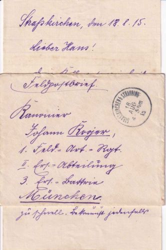 Bayern - Strasskirchen b. Straubing 18. AUG 15 K1 Feldpostbrief n. München