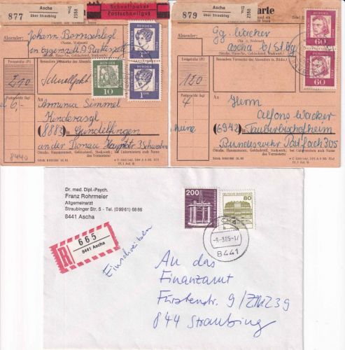 BRD - Ascha ü. Straubing 2 Paketkarten (Poststelle I) 1 Einschreibebrief 1962/85