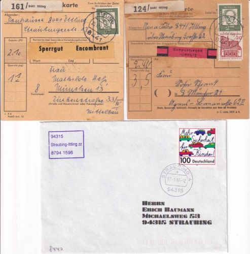 BRD - Ittling b. Straubing 2 Paketkarten/1 Brief 1967/1997