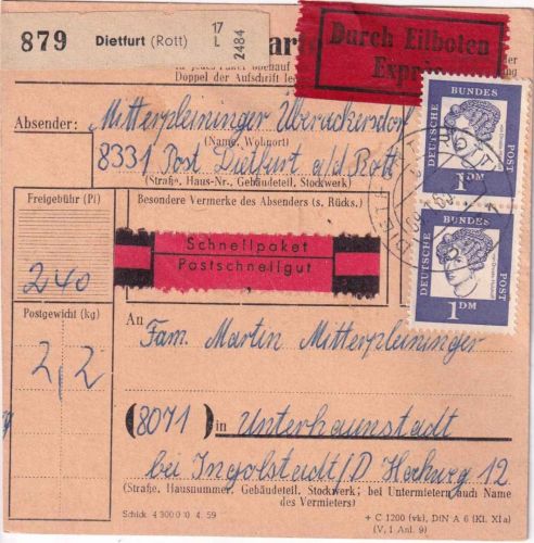 BRD - 2x1 M. Pfg. Bed. Deutsche u.a. Schnell-Eilpaketkarte Dietfurt 1963