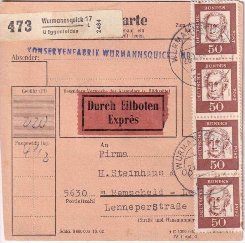 BRD - 4x50 Pfg. Bed. Deutsche u.a. Eil-Paketkarte Wurmannsquick ü. Eggenfelden
