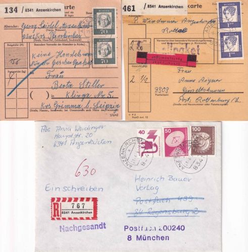 BRD - Anzenkirchen 2 Paketkarten, 1 Einschreibebrief/Nachsendevermerk 1964/76