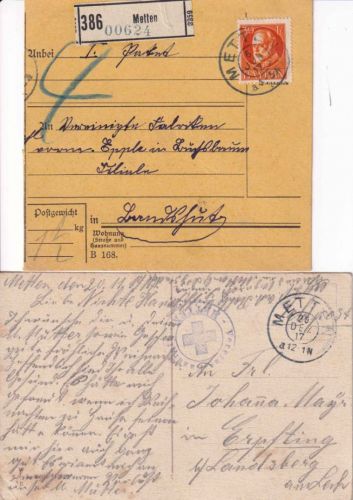 Bayern - Metten Paketkarte 1917 + Feldpostkarte 1917