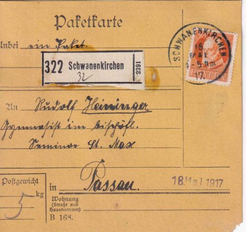 Bayern - 30 Pfg. Ludwig Paketkarte Schwanenkirchen - Passau 1917