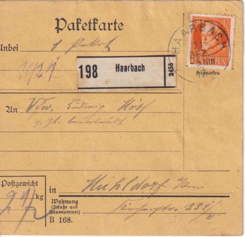 Bayern - 30 Pfg. Ludwig Paketkarte Haarbach - Mühldorf 1917