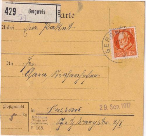 Bayern - 30 Pfg. Ludwig Paketkarte Gergweis - Passau 1917