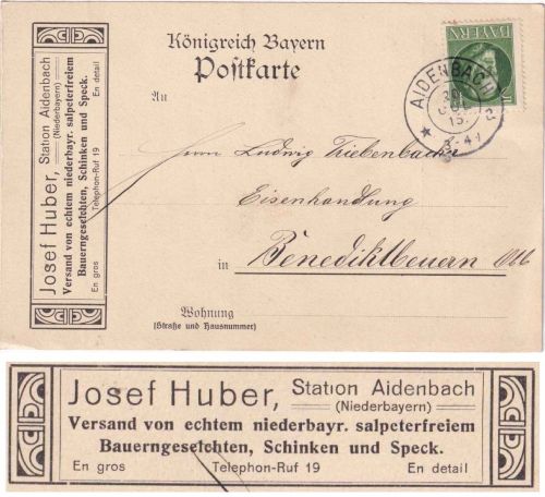 Bayern - 5 Pfg. Ludwig Firmenkarte Aidenbach - Benediktbeuern 1915