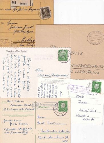 Bayern/All.Bes./BRD - Zwiesel 5 Belege (Landpost, Paketkarte etc.) ex 1919/1961