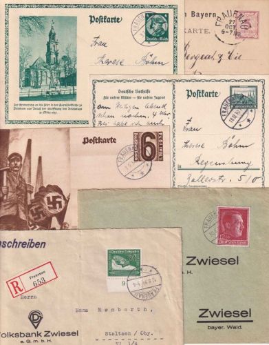 Bayern/DR - Frauenau 6 Belege (Sonderganzsachen, Einschreiben etc.) ex 1885/1939