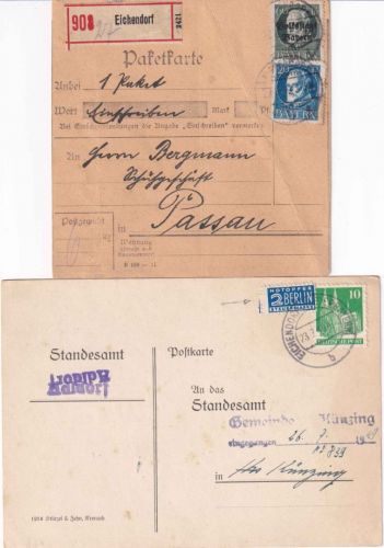 Bayern/Bizone - Eichendorf Einschreibe-Paketkarte 1919 + Karte 1949 Notopfer !!