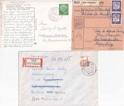 BRD - Falkenfels ü. Straubing Paketkarte/Karte/Einschreibebrief ex 1958/1977