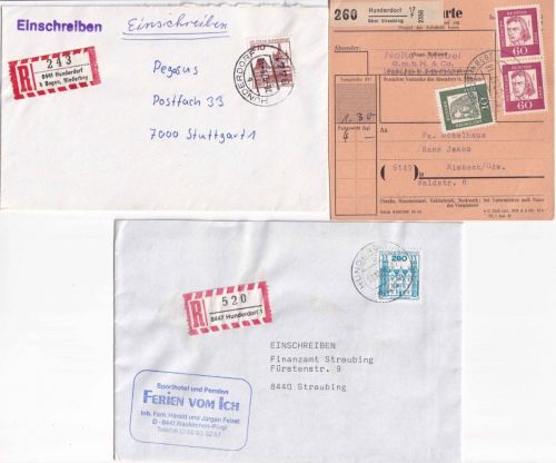 BRD - Hundersdorf ü. Straubing Paketkarte/2 Einschreibebrief ex 1962/1985