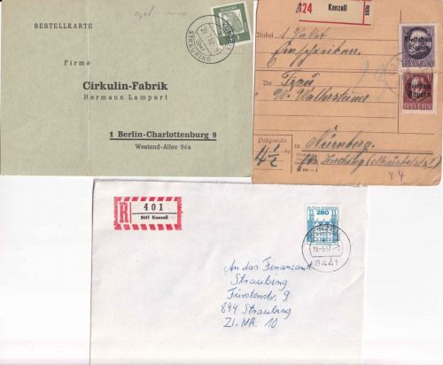 Bayern/BRD - Konzell ü. Straubing 3 Belege ex 1920/1987