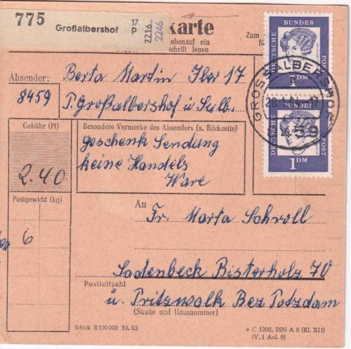 BRD - Großalbershof 1963 Paketkarte n. Pritzwalk (DDR)