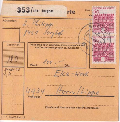 BRD - 3x60 Pfg. kl. Bauwerke Paketkarte Sorghof - Horn 1968