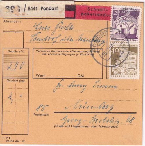 BRD - 2 DM + 40 Pfg. gr. Bauwerke Schnellpaketkarte Pondorf - Nürnberg 1967