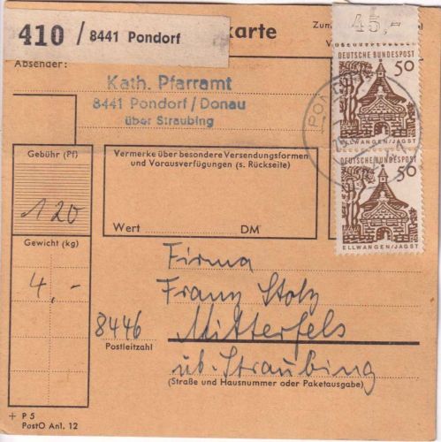 BRD - 2x50+20 Pfg. kl. Bauwerke Paketkarte Pondorf - Mitterfels 1967