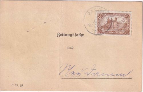 DR - 1,50 M. Reichspostamt Karte/Zeitungssache Passau - Neudamm 10. JAN 22