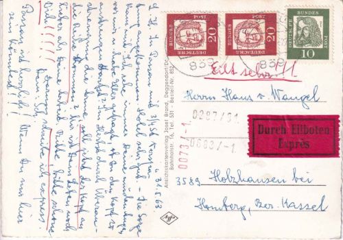 BRD - 10+2x20 Pfg. Bed. Deutsche Eilkarte Passau - Holzhausen 1963